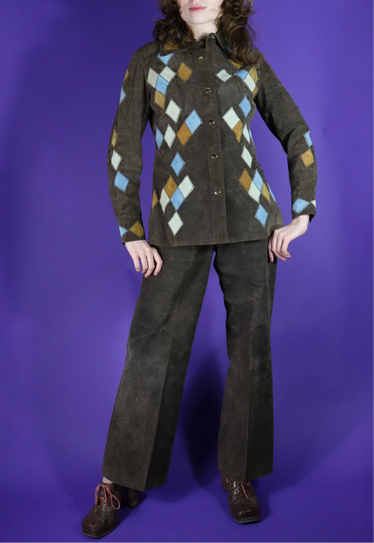 Vintage 1970s Suede Diamond Patchwork Suit