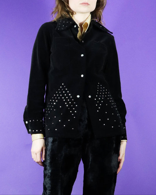 Vintage 1970s Rhinestone Black Velvet Jacket