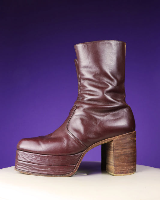 Vintage 1970s Burgundy Leather Platform Boots Stacked Heel RARE