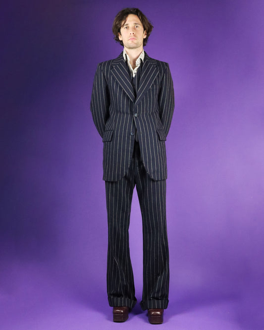 Vintage 1970s Navy Blue 3 Piece Pinstripe Suit