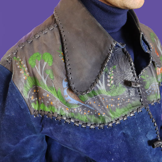 Vintage 1970s Char Whipstitch Suede Jacket Hand Painted in Mexico