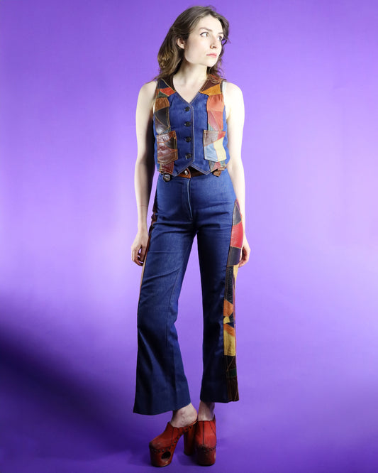 Vintage 1970s Denim and Leather Patchwork Vest and Flares Suit Set