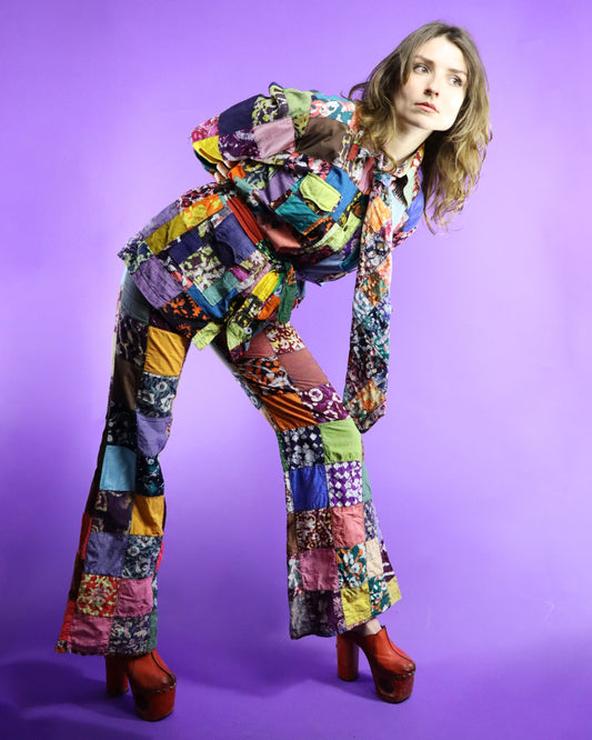Vintage 1970s Cotton Patchwork Madras Safari Suit Pantsuit Pant Suit Set Flares