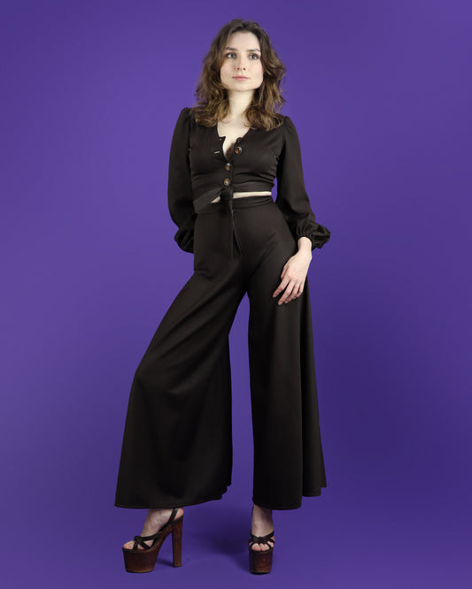 Vintage 1970s Chocolate Brown Palazzo Pant Suit Wide Leg Flares Balloon Sleeve
