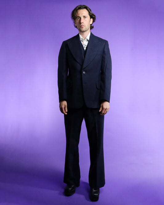 Vintage 1970s Navy Blue Fine Pinstripe 3 Piece Suit