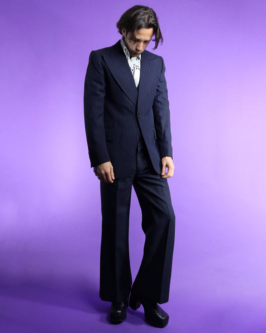 Vintage 1970s Navy Blue 3 Piece Pinstripe Suit by Dandy Kings Road