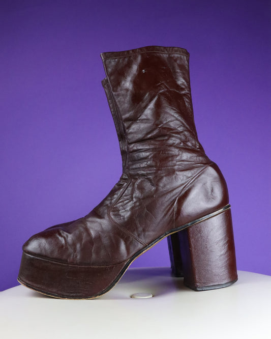 Vintage 1970s Burgundy Leather Stomping Platform Boots