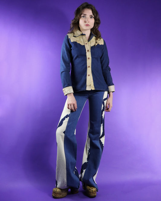 Vintage 1970s M&H Patchwork Leather Denim Shirt Jacket