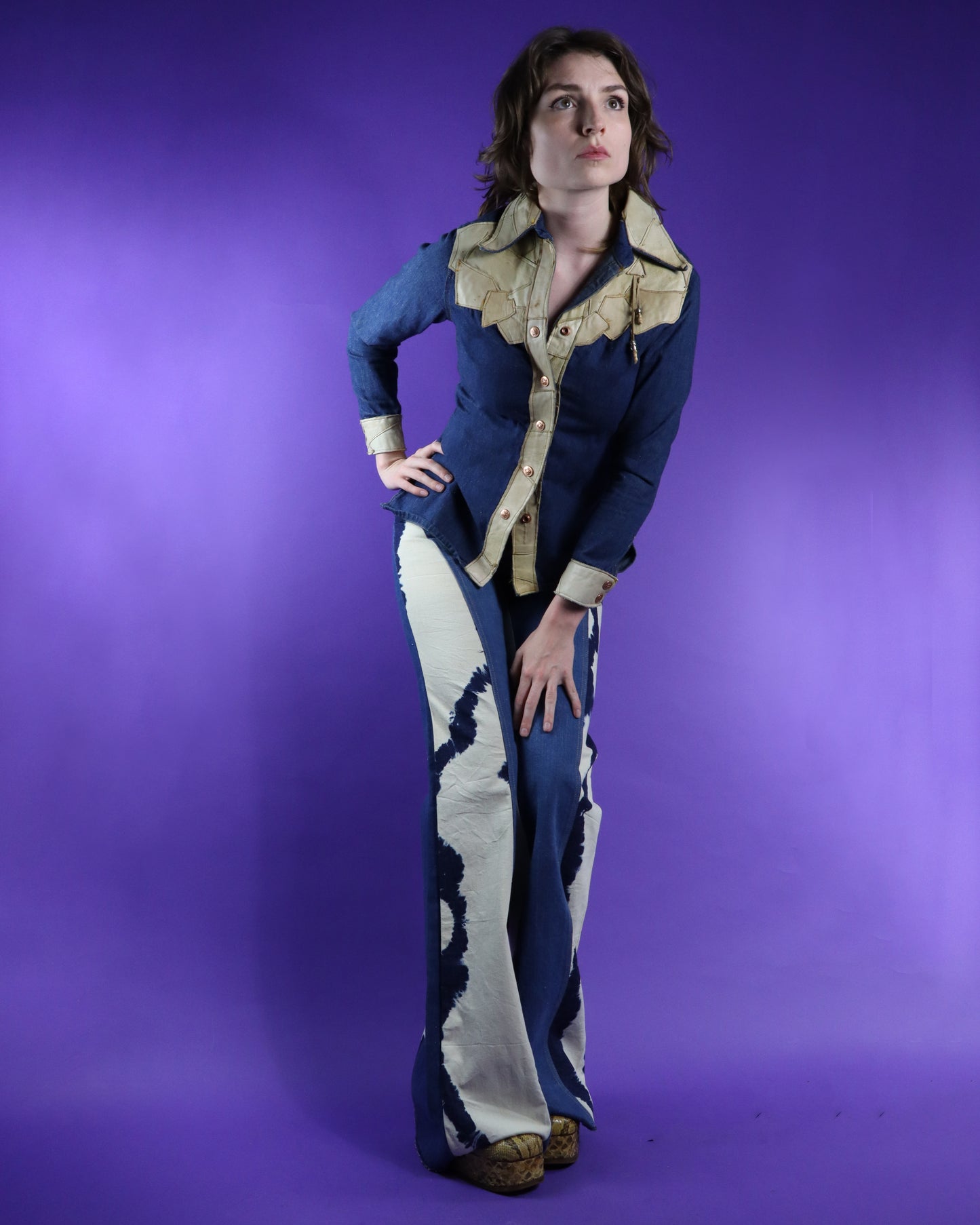 Vintage 1970s M&H Patchwork Leather Denim Shirt Jacket