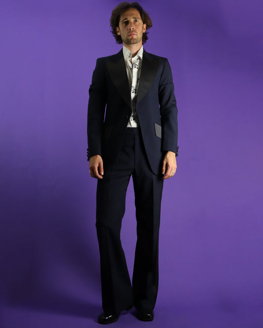 Vintage 1970s Navy Blue Dinner Suit with Satin Trim