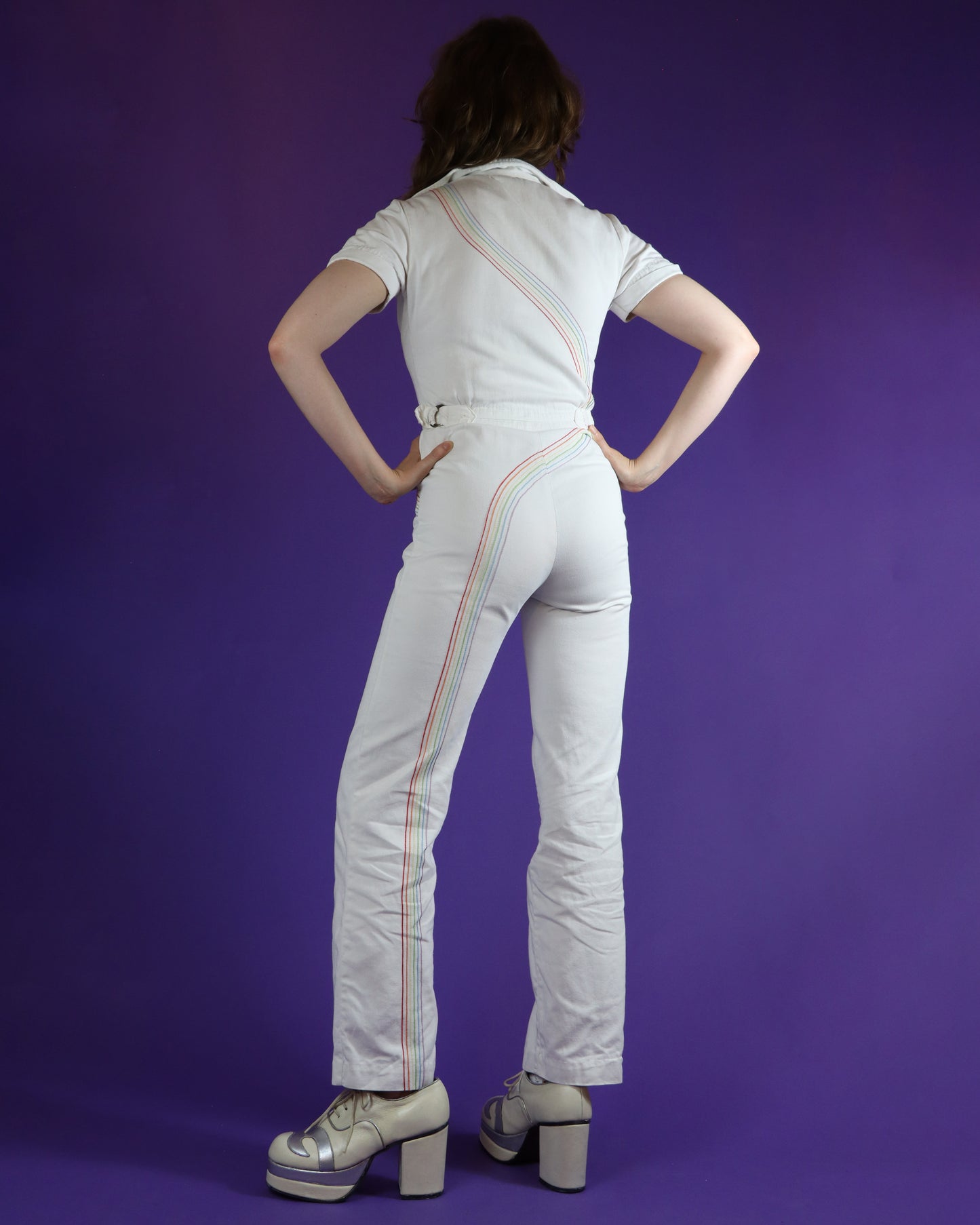 Vintage 1970s Faded Glory White Denim Rainbow Jumpsuit