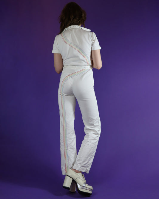 Vintage 1970s Faded Glory White Denim Rainbow Jumpsuit