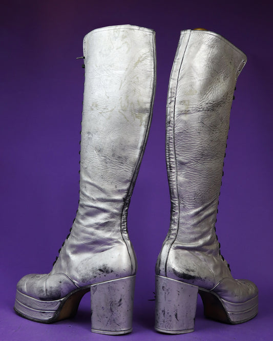 RESERVED Vintage 1970s Silver Lace Up Platform Boots UK 10