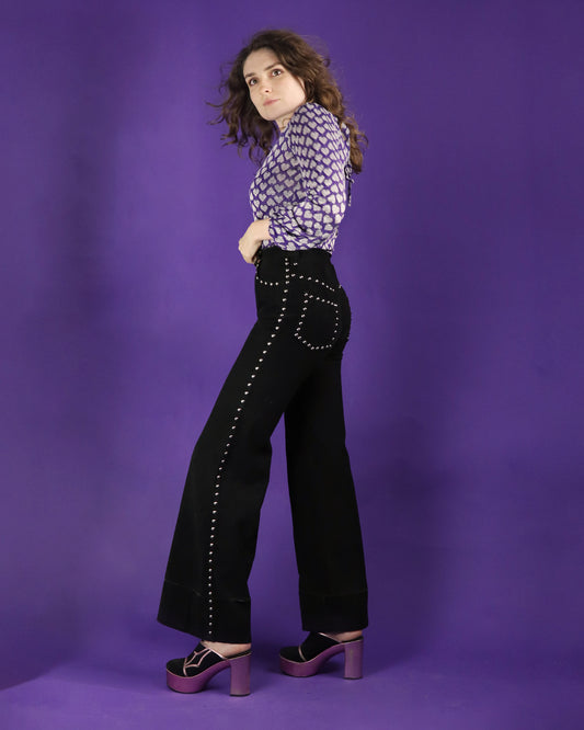 Vintage 1970s Roncelli Studded Black Flares Jeans