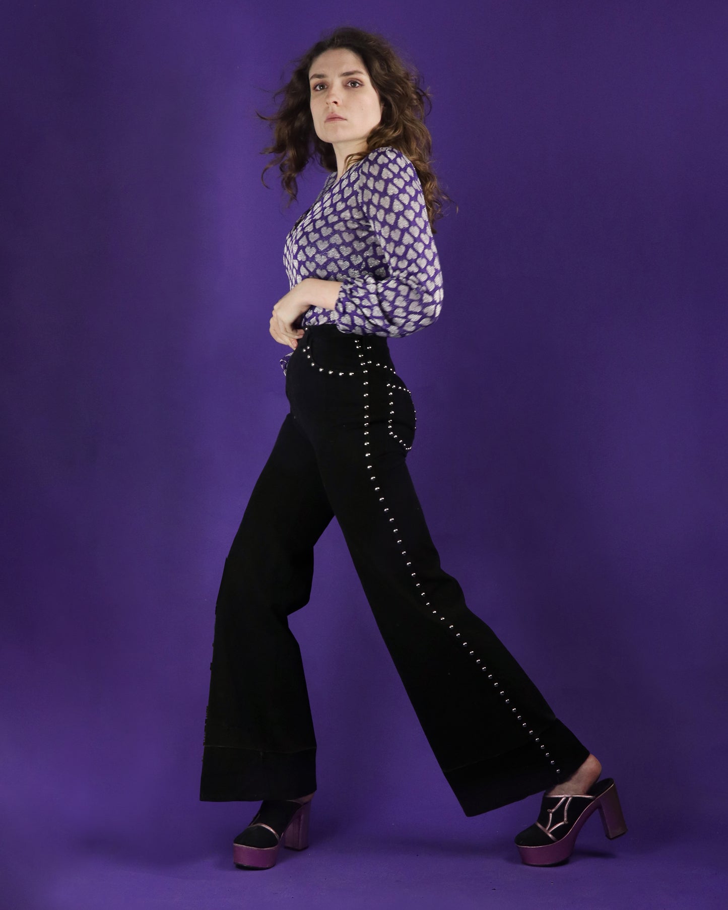 Vintage 1970s Roncelli Studded Black Flares Jeans