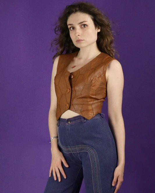 Vintage 1970s Tan Patchwork Leather Waistcoat