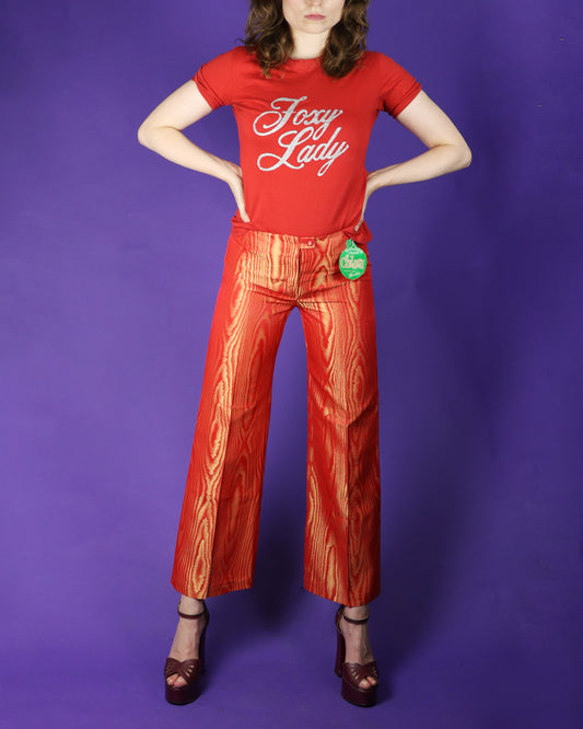Vintage 1970s DEADSTOCK Shimmery Wood Effect Trousers Red & Gold