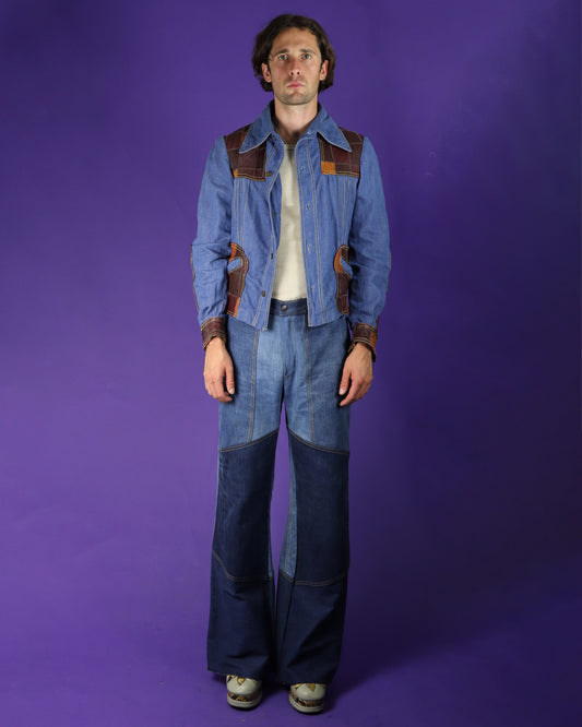 Vintage 1970s Patchwork Leather Denim Jacket