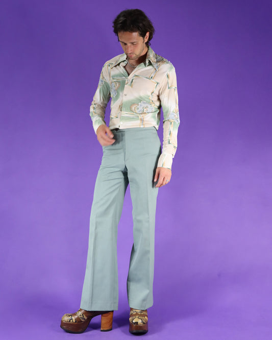 Vintage 1970s Disco Shirt Trees and Birds Print