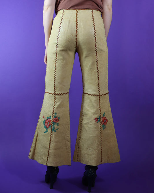 Vintage 1970s Kenn Fung Artwork Floral North Beach Leathers Whipstitch Flares