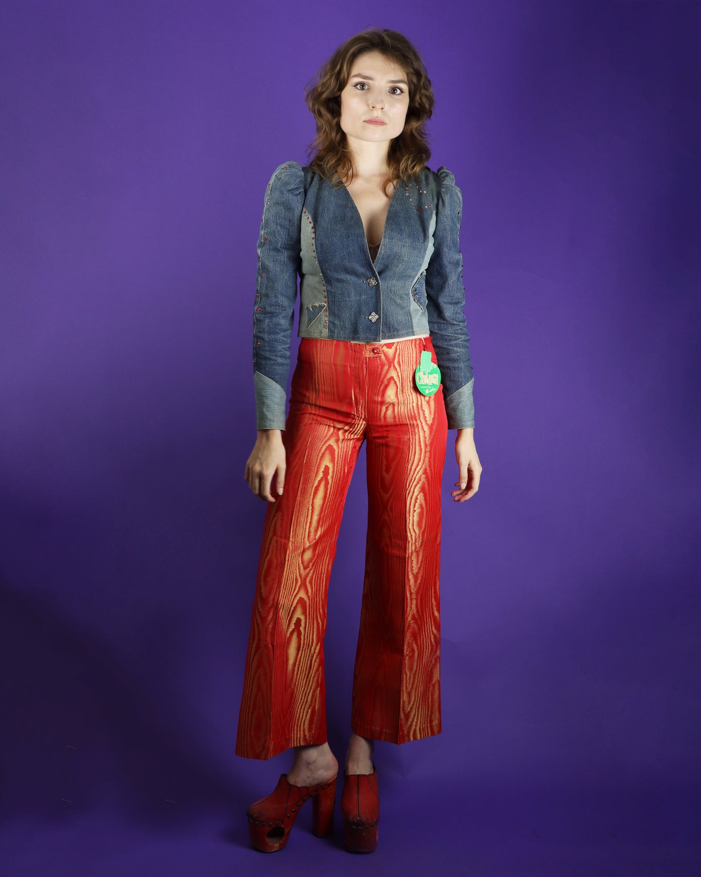 Vintage 1970s DEADSTOCK Shimmery Wood Effect Trousers Red & Gold