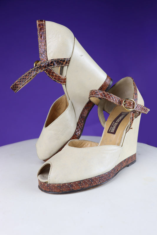Vintage 1970s Snakeskin Trim Platform Wedge Shoes by Sergio Rossi