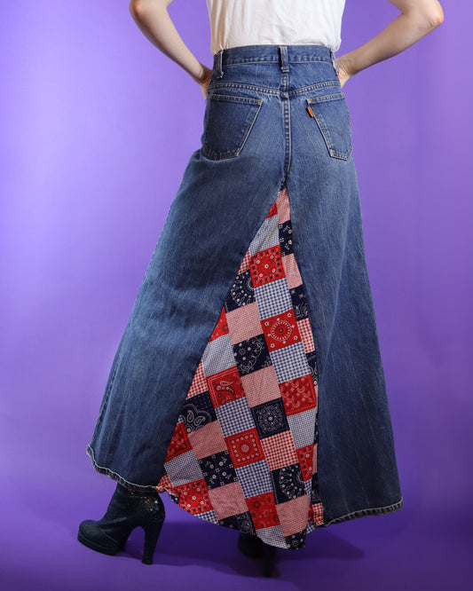 Vintage 1970s Hippie Bandana Denim Maxi Skirt