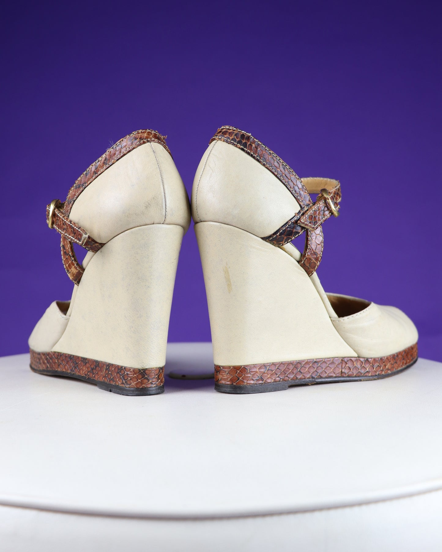 Vintage 1970s Snakeskin Trim Platform Wedge Shoes by Sergio Rossi
