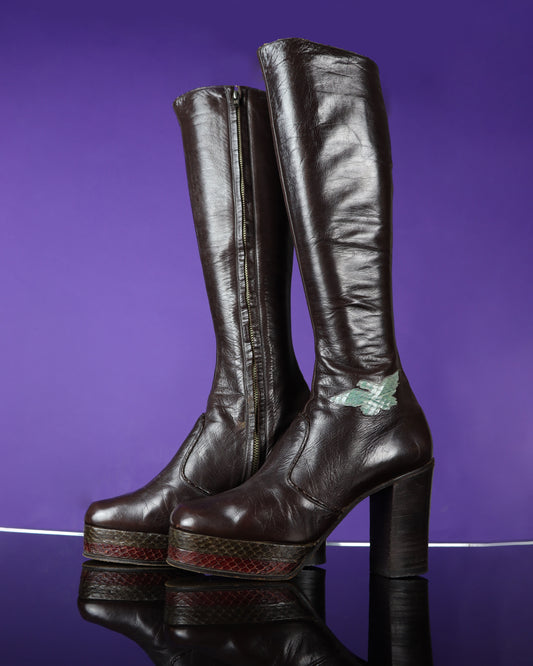 Vintage 1970s Chelsea Cobbler Snakeskin Trim Platform Boots UK 5