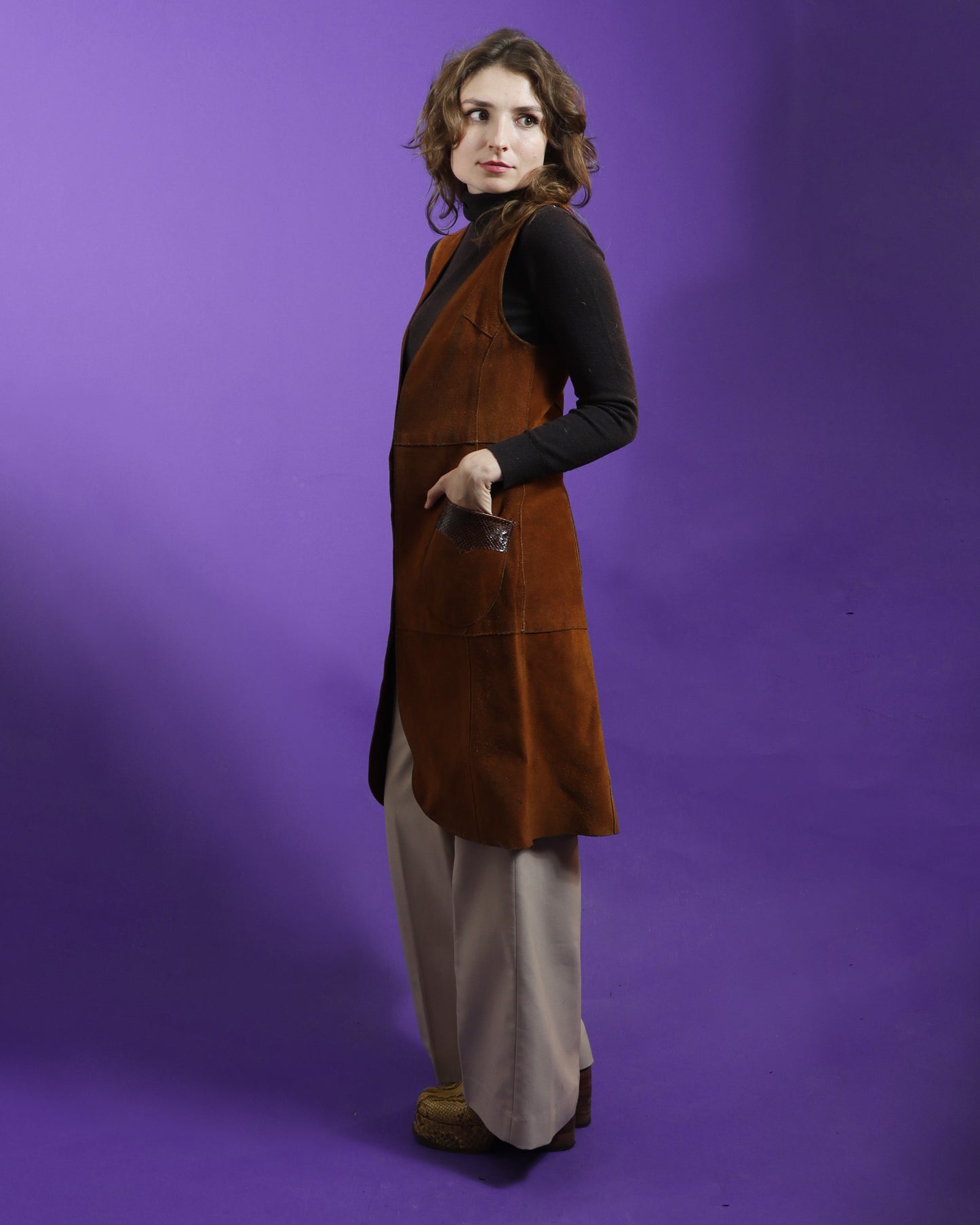 Vintage 1970s Snakeskin Detail Suede Duster Vest