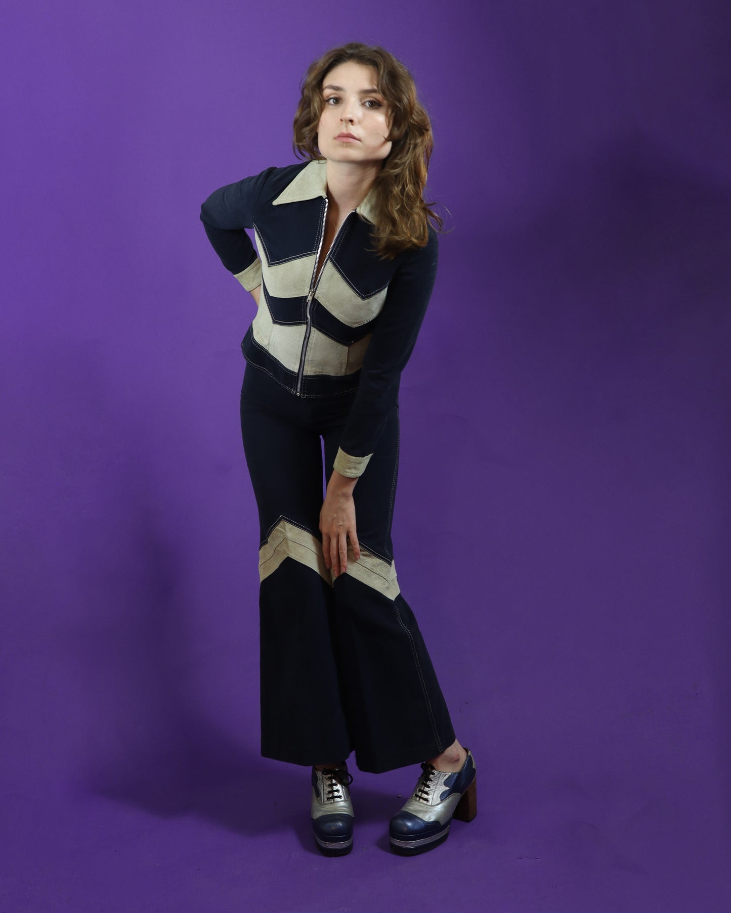 Vintage 1970s Roncelli Chevron Suede and Denim Suit