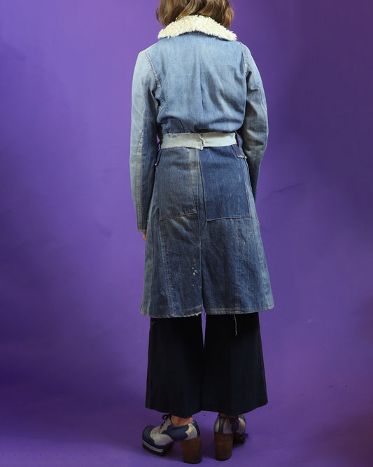 Vintage 1970s Hippie Patchwork Denim Trench Coat