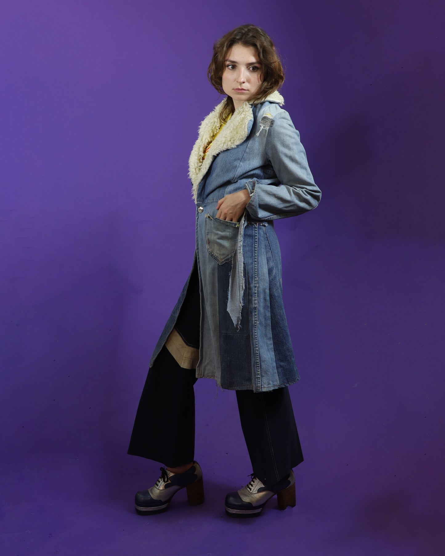 Vintage 1970s Hippie Patchwork Denim Trench Coat