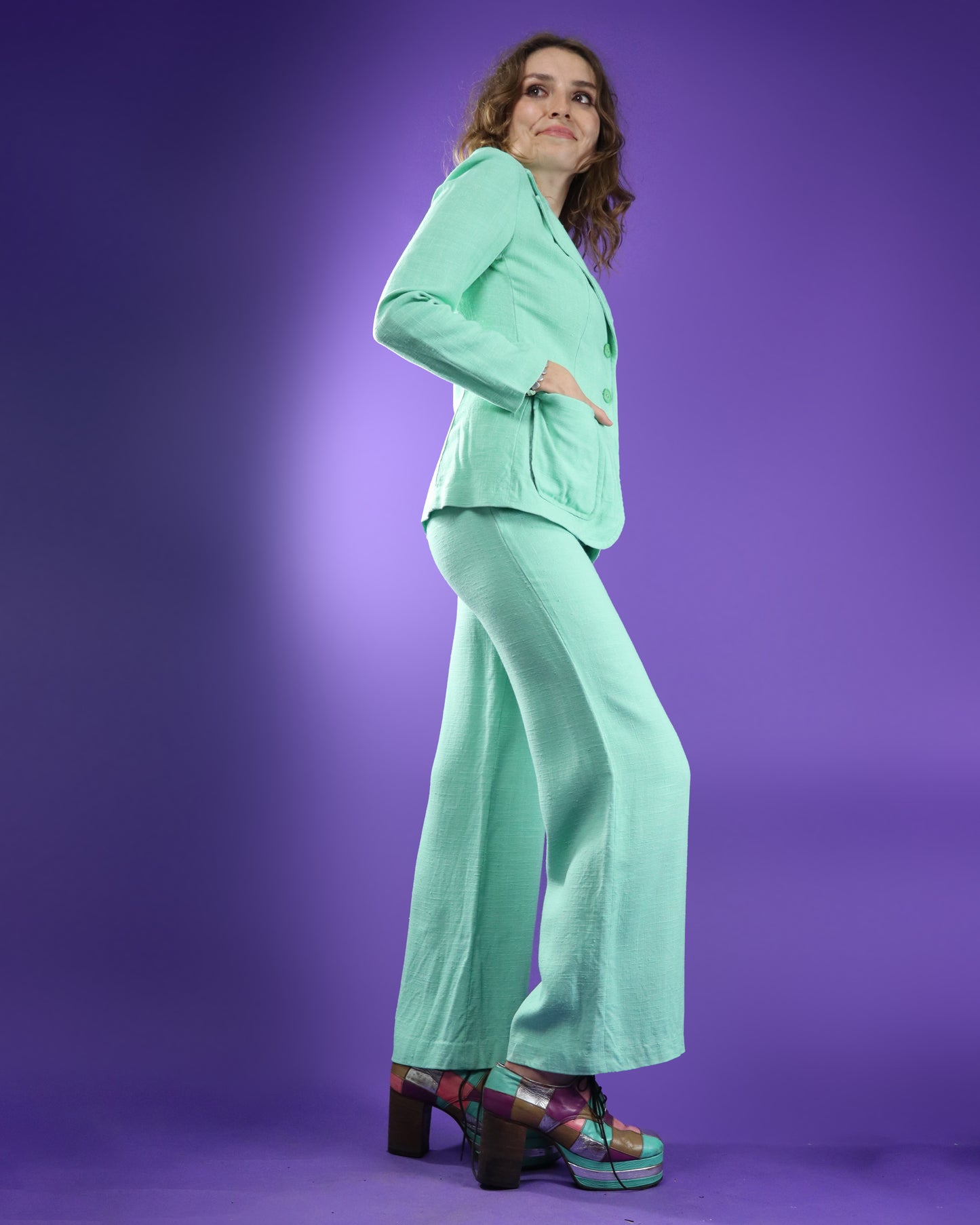 Vintage 1970s Mint Green Linen Suit