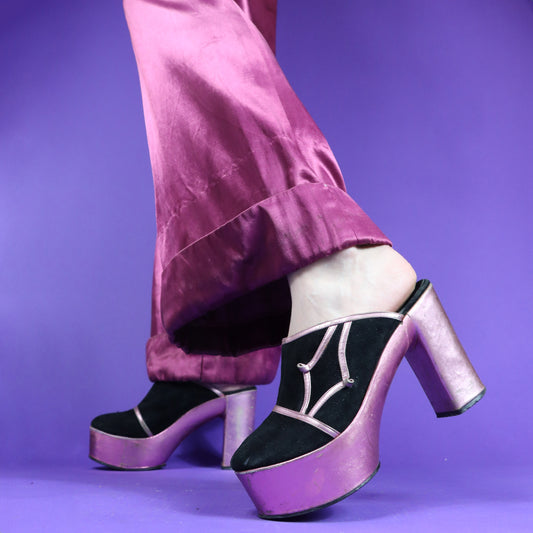 Vintage 1970s Disco Mules Platform Clogs Pink and Black