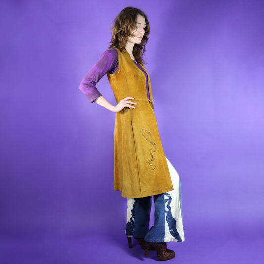 Vintage 1970s Tan Suede Duster Vest with Snake Detail