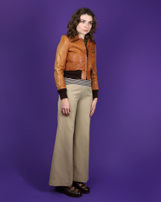 Vintage 1970s Gandalf Tan Leather Bomber Jacket