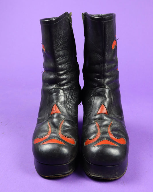 Vintage 1970s Platform Boots Black & Red