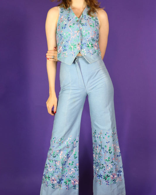Vintage 1970s Embroidered Denim Vest Set Suit