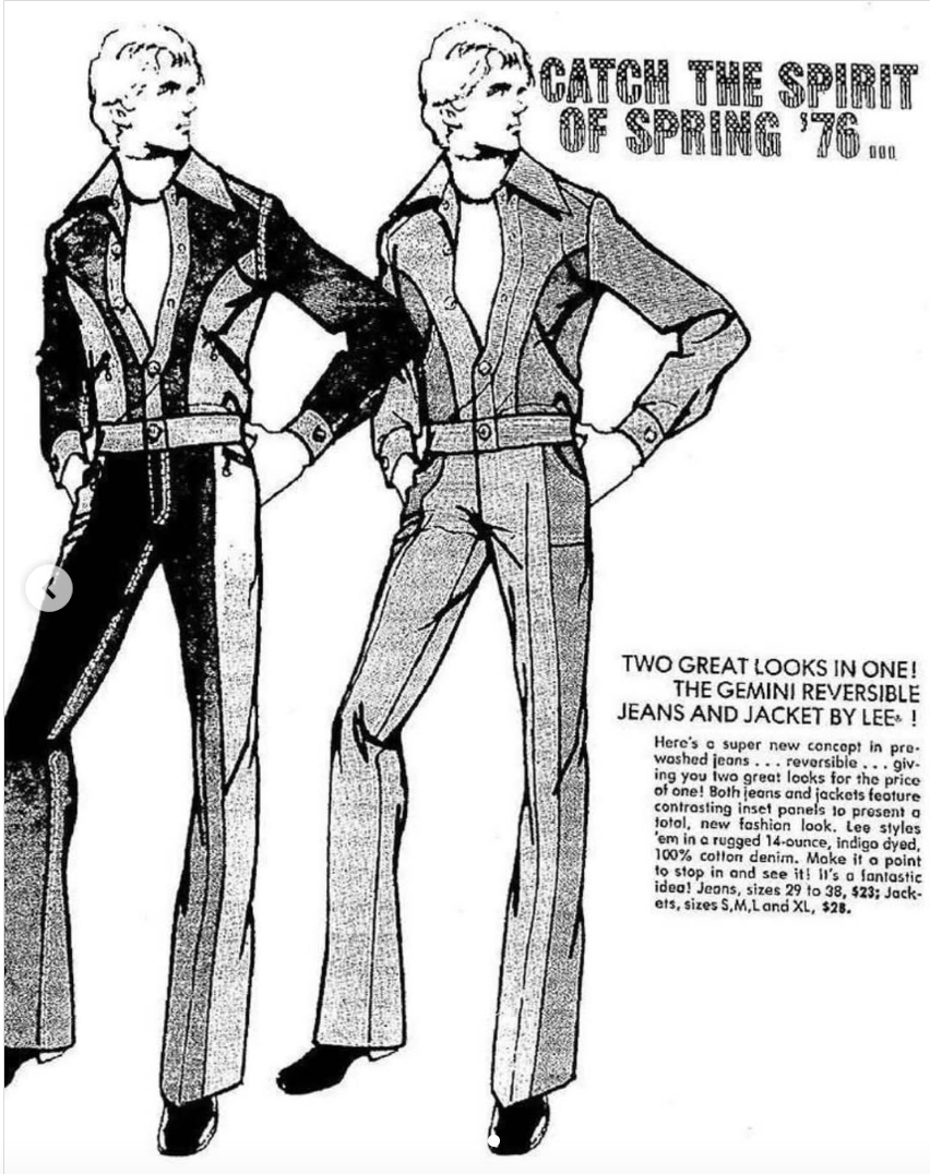 RARE Vintage 1970s Lee Reversible Denim Suit Gemini Set 1976