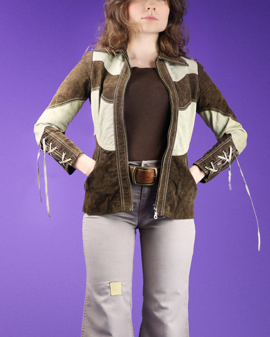 Vintage 1970s Roncelli Two Tone Suede Lace Up Sleeve Jacket