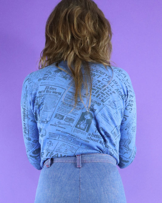 Vintage 1970s Blue Newspaper Print TShirt