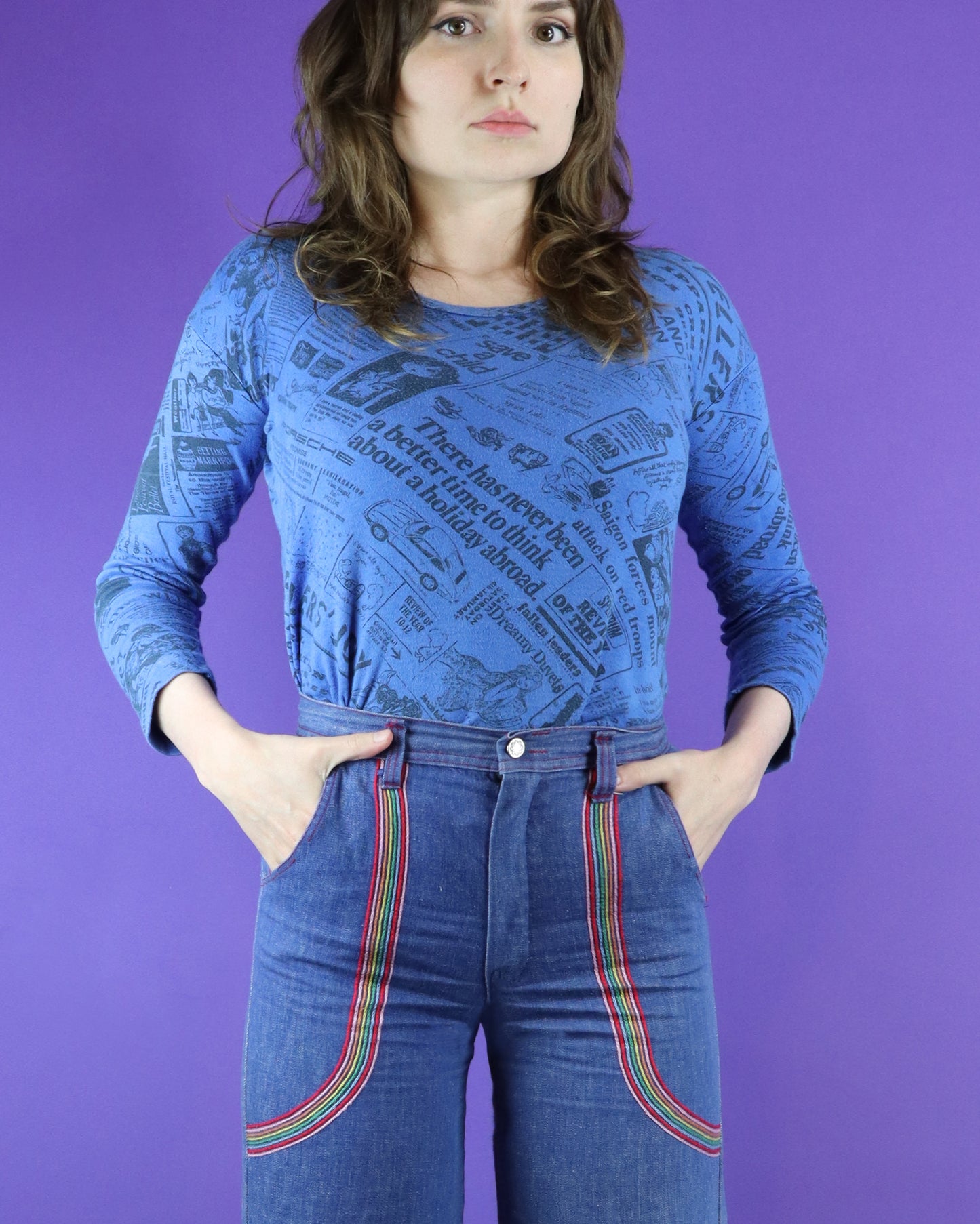 Vintage 1970s Blue Newspaper Print TShirt