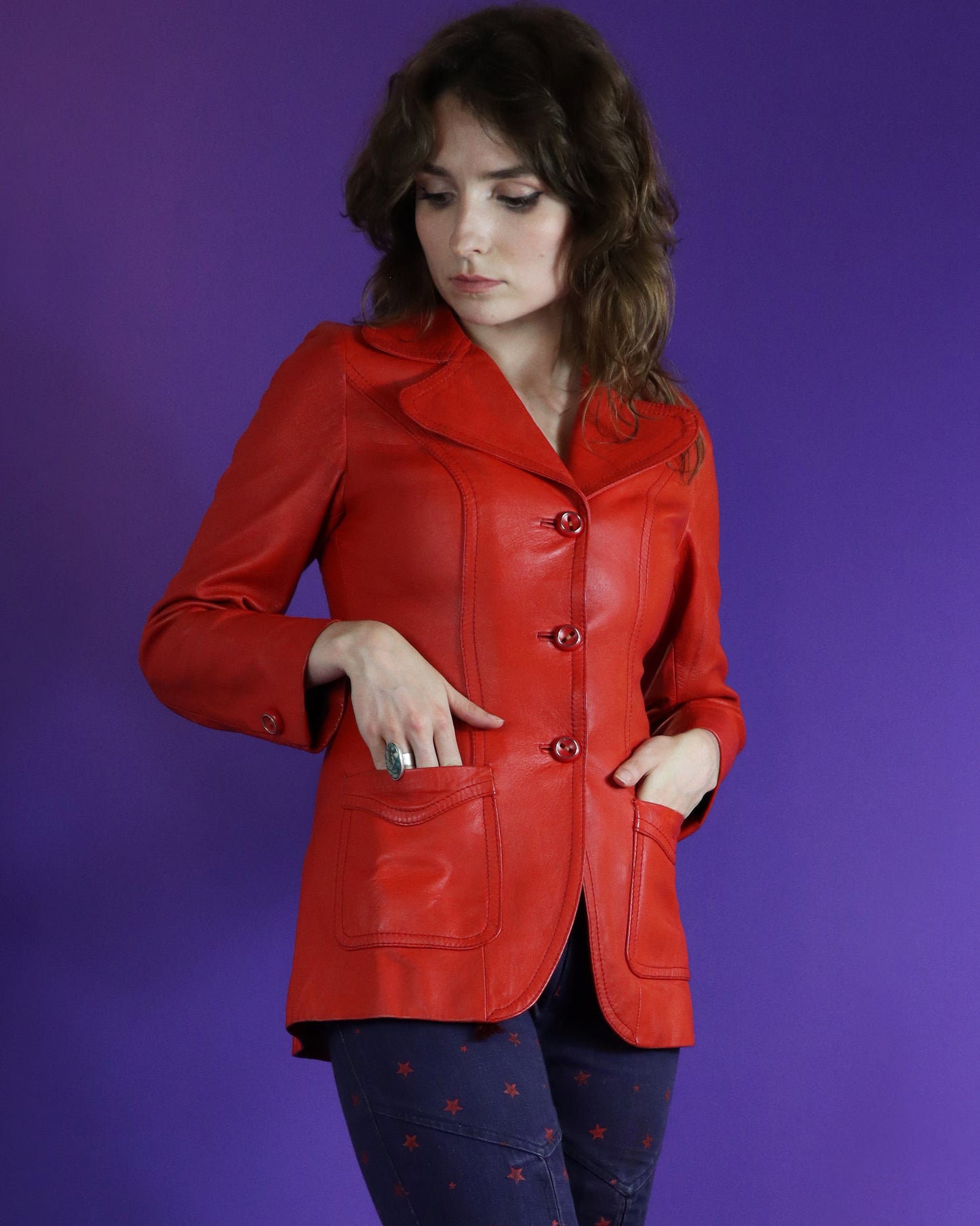 Vintage 1970s Red Leather Blazer Jacket