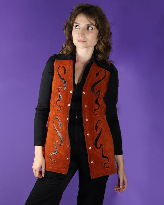 Vintage 1970s Serpent Snake Burnt Orange Suede Vest