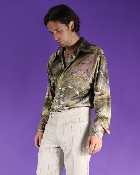 Vintage 1970s Disco Shirt Space Age Planets Print