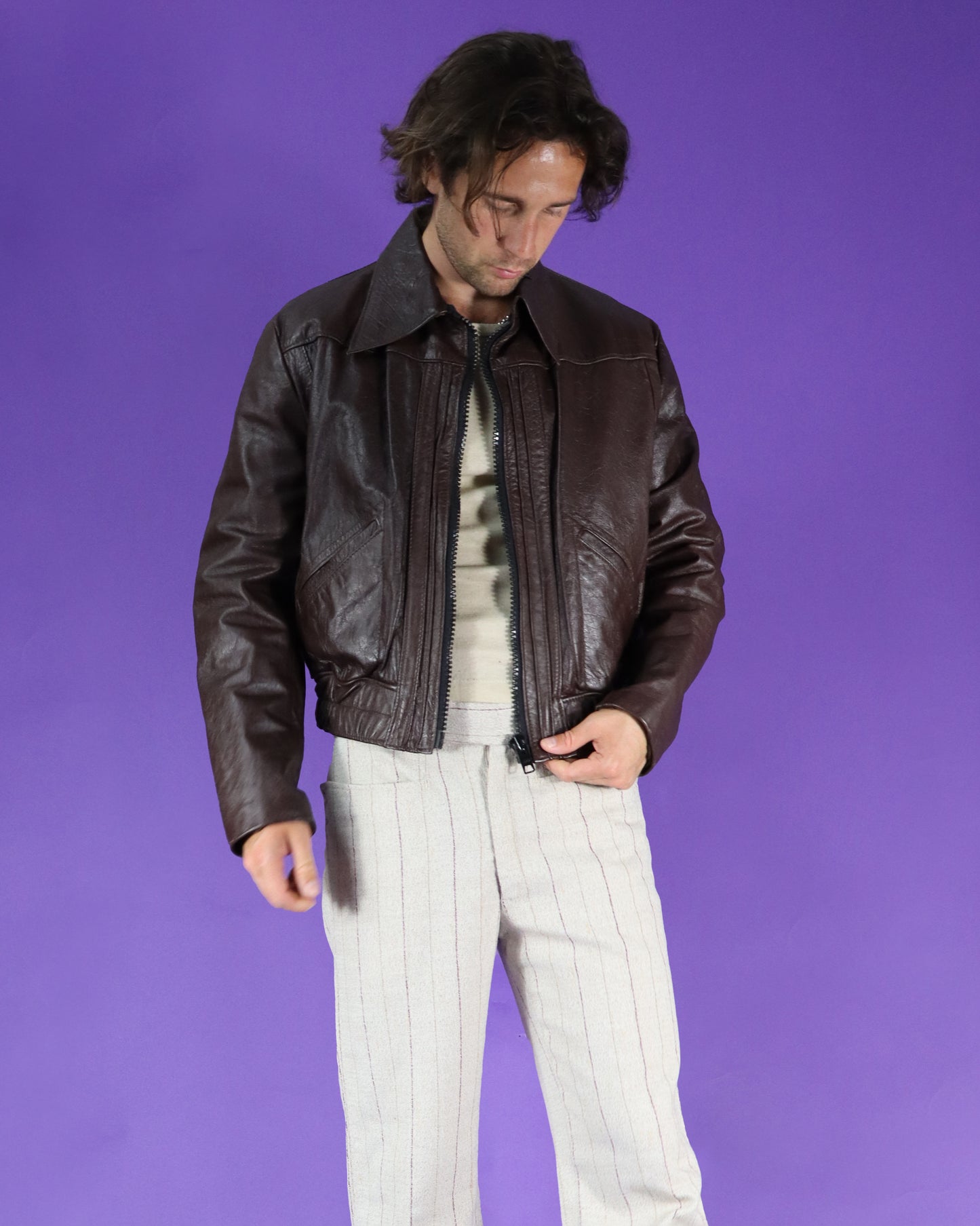 Vintage 1970s Brown Leather Bomber Jacket