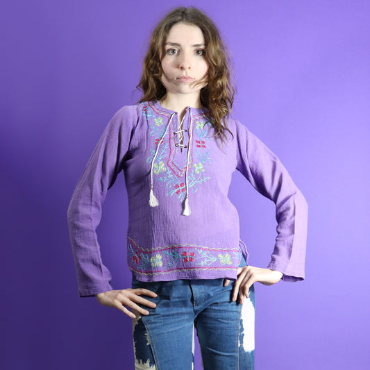 Vintage 1970s Deadstock Indian Cotton Embroidered Cheesecloth Lilac