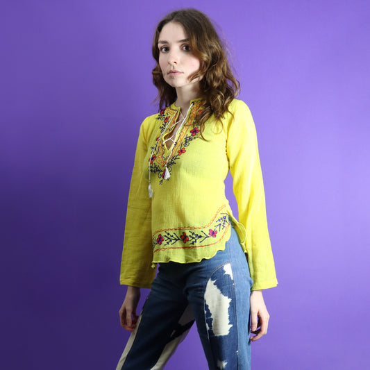 Vintage 1970s Deadstock Indian Cotton Embroidered Cheesecloth Yellow