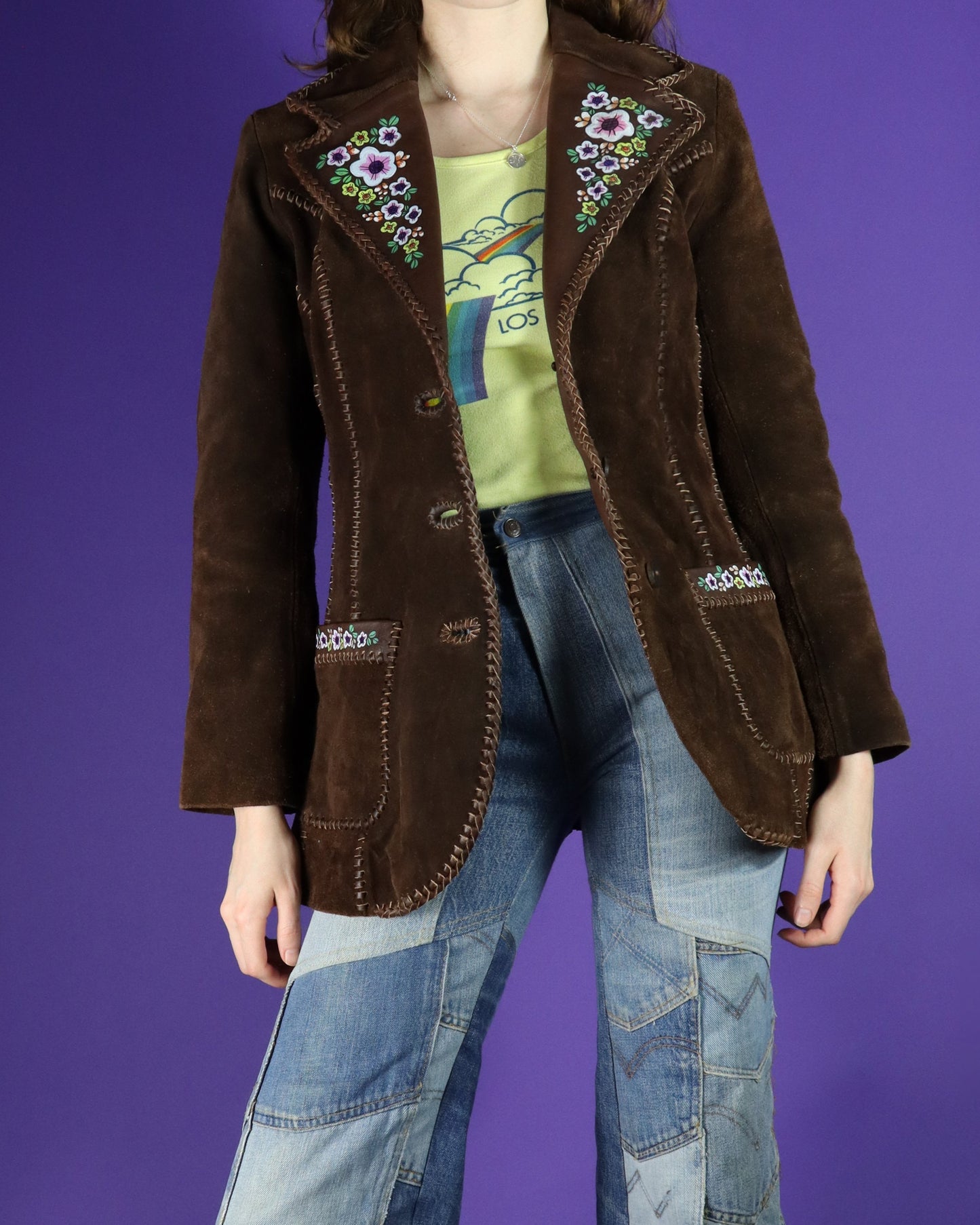 Vintage 1970s Char Mexico Hand Painted Brown Suede Blazer